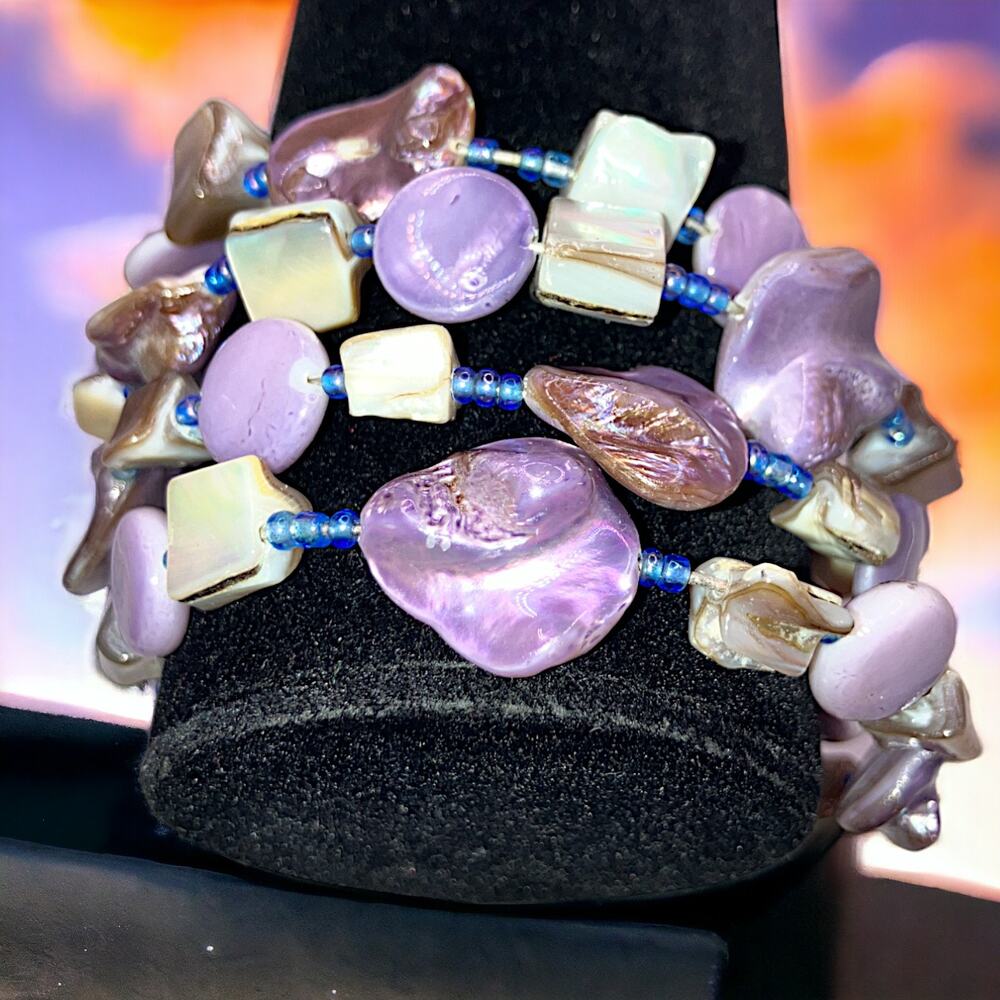 Purple South Seas Baroque Pearls Beaded Memory Wire Bracelet!